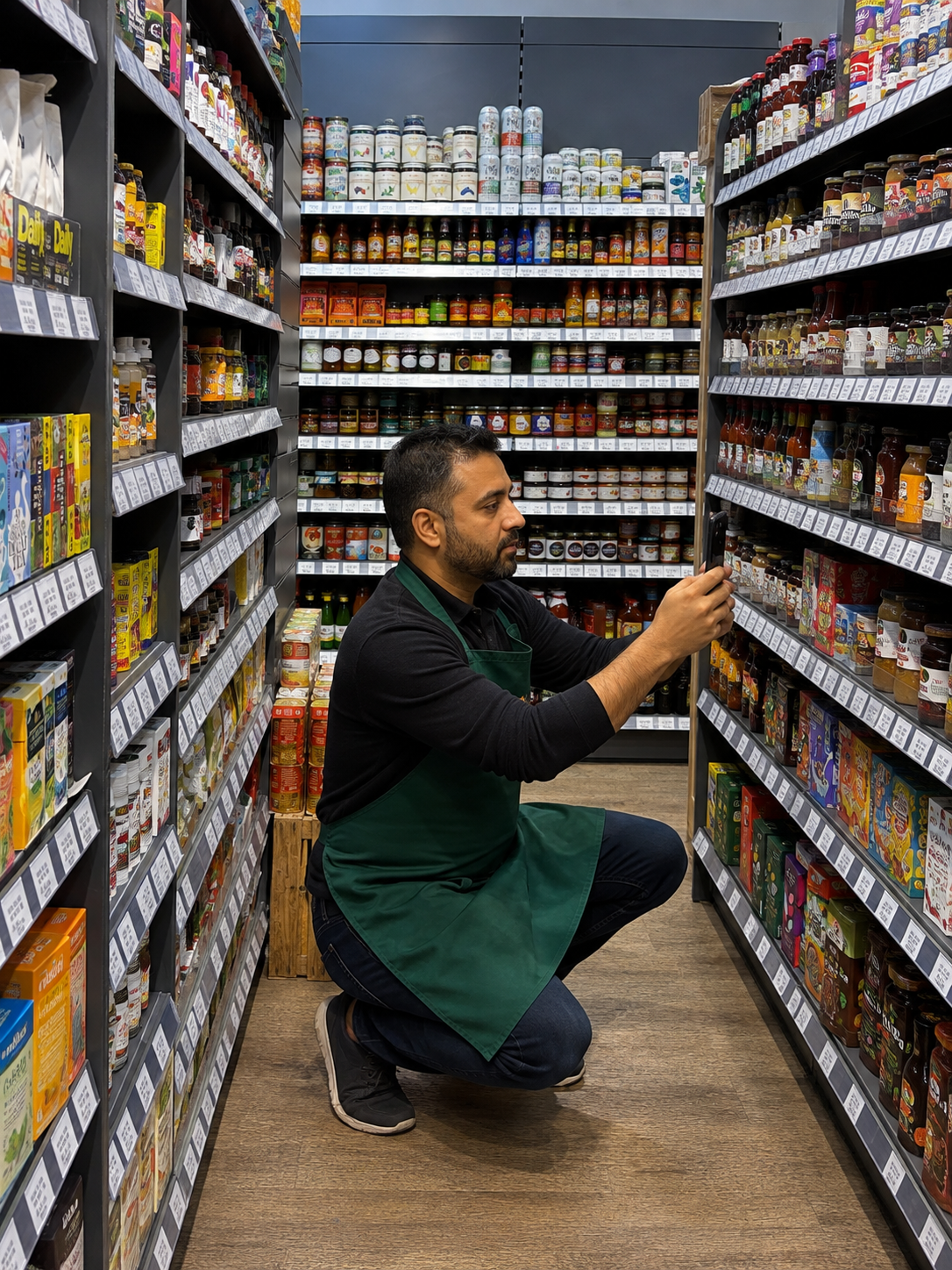 A shop owner restocking shelves in his convenience store