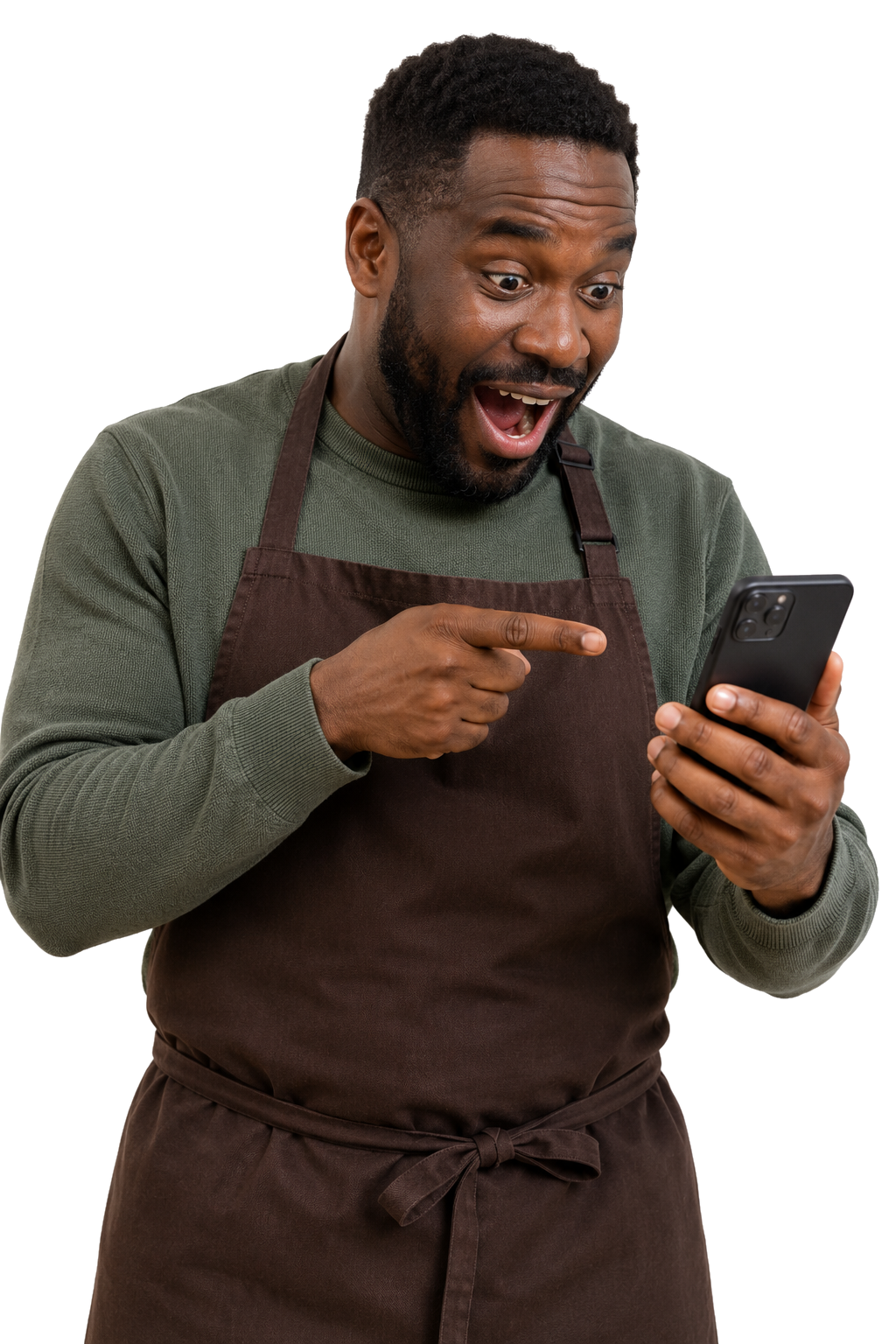 Shopkeeper smiling at his phone